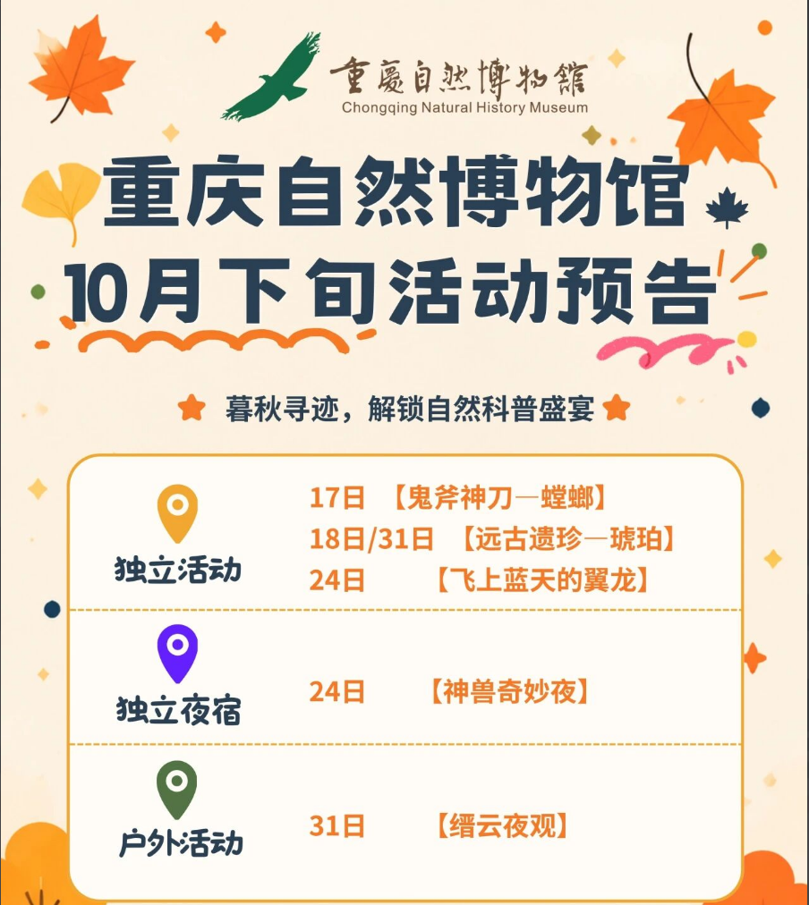 解锁秋日自然盛宴！重庆自然博物馆10月下旬研学活动上线